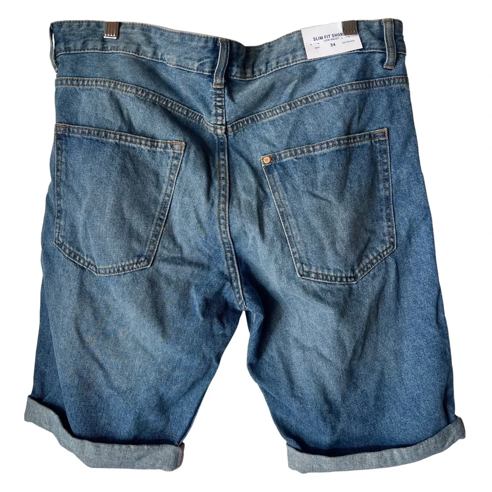 HM Denim Mens Slim Fit Shorts Blue Low Waist Button Fly Size 34 New